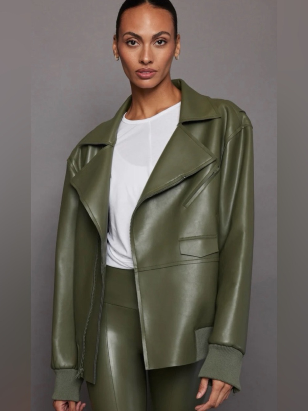 Norma Kamali Green (Revolve) Faux Leather Oversized Bomber Jacket NWOT